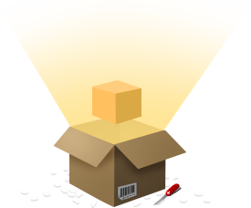Illustration of a cardboard box being unpacked, with glowing light radiating from inside